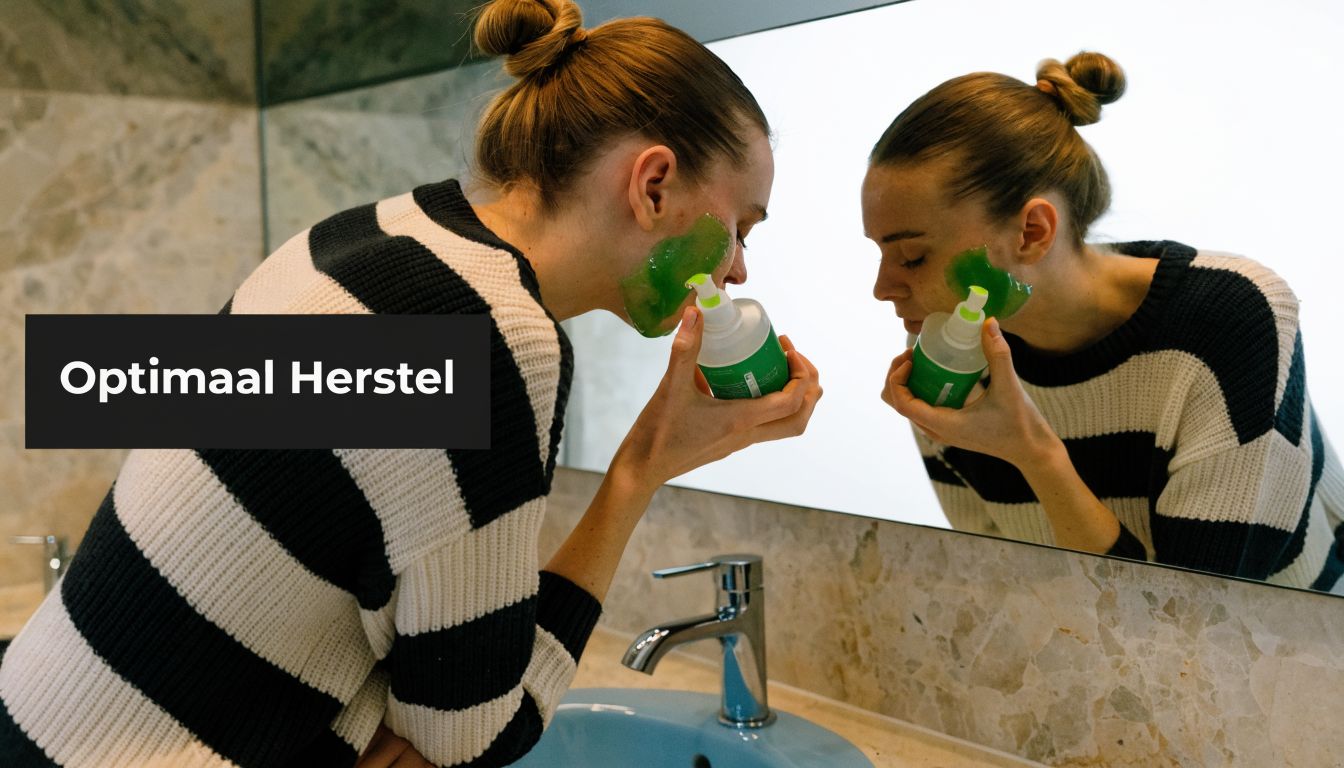 Een vrouw brengt een groen verzorgend masker aan op haar gezicht voor het spiegelbeeld in de badkamer.