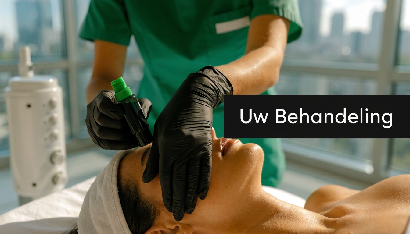 Een specialist in medische kleding voert een microneedling-behandeling uit bij een vrouw in een klinische omgeving.