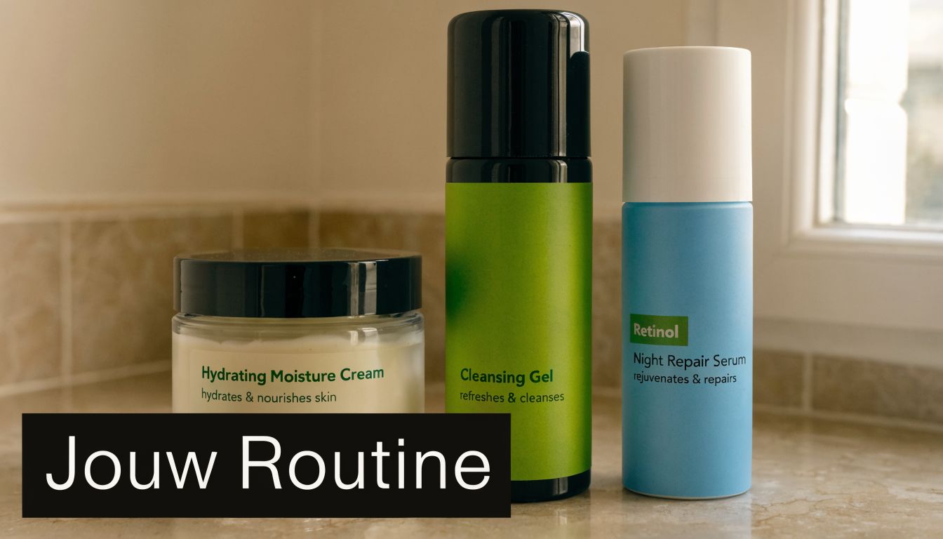 Drie huidverzorgingsproducten, waaronder een hydraterende crème, een reinigingsgel en een retinol nachtserum op een aanrecht.