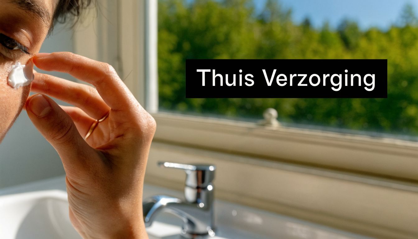 Een vrouw brengt verzorgende crème aan op de huid onder haar ogen in een badkamer.