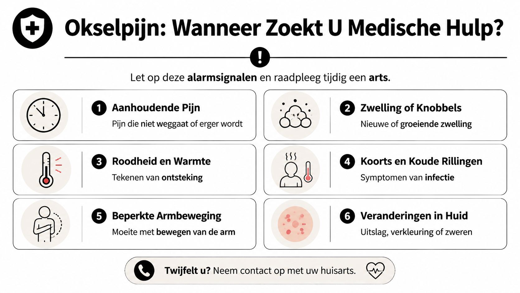 Een informatieve infographic over wanneer u bij okselpijn contact moet opnemen met uw huisarts.