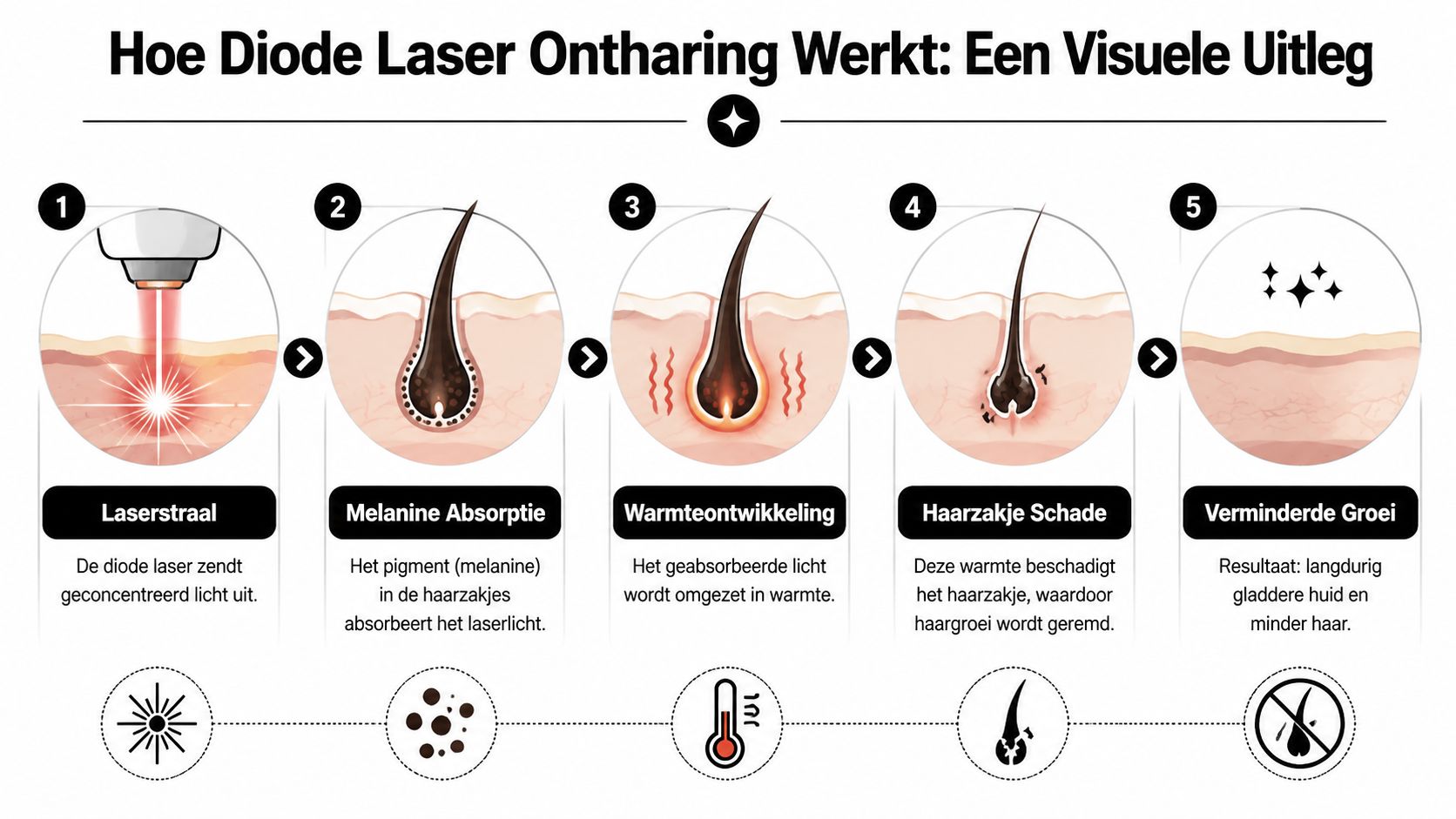 Een stappenplan met illustraties dat uitlegt hoe laserontharing met een diodelaser werkt voor langdurige ontharing.