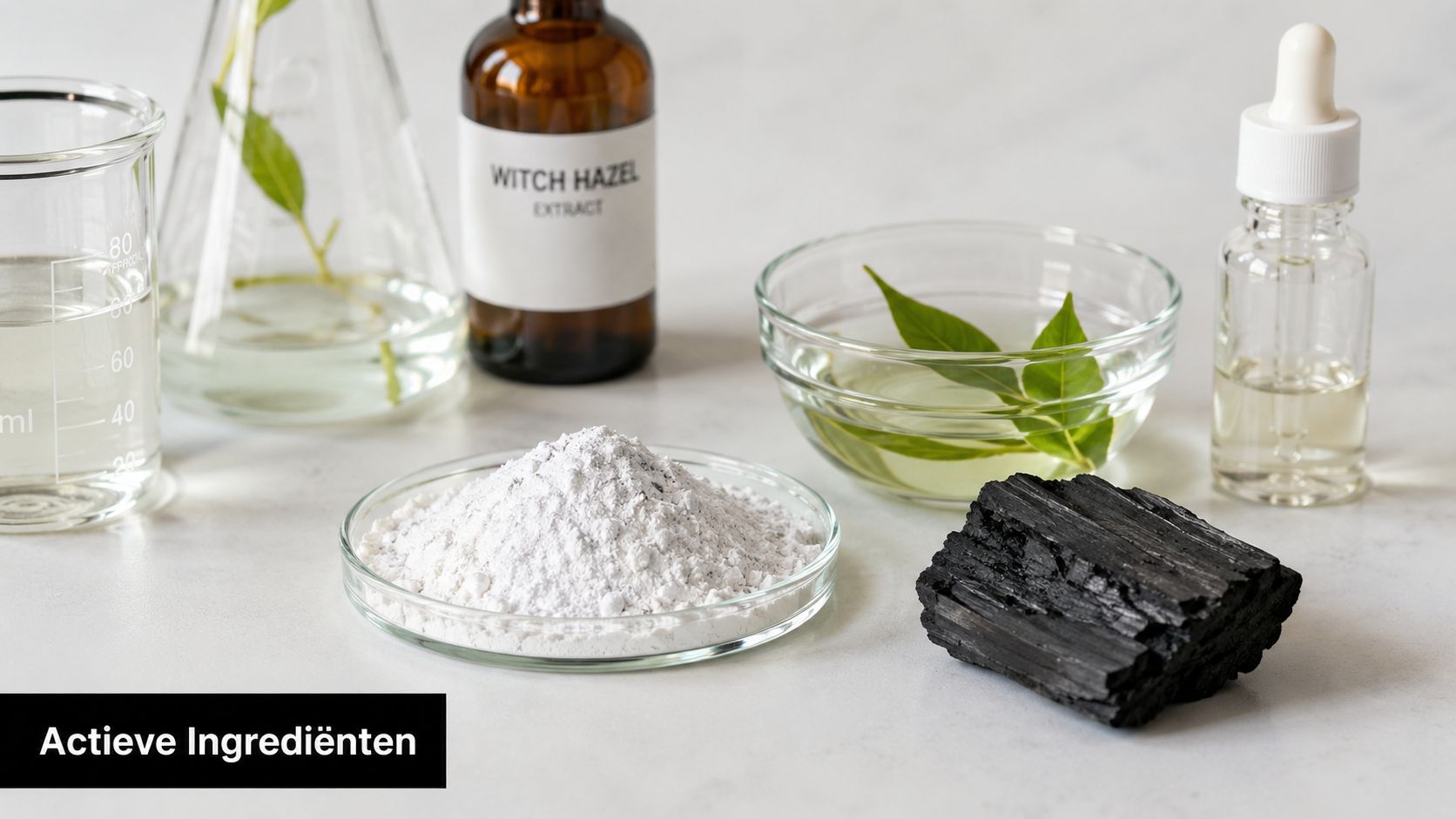 Ingrediënten voor een gezichtsmasker waaronder houtskool, toverhazelaar, een vloeibaar extract en een witte poederachtige substantie.