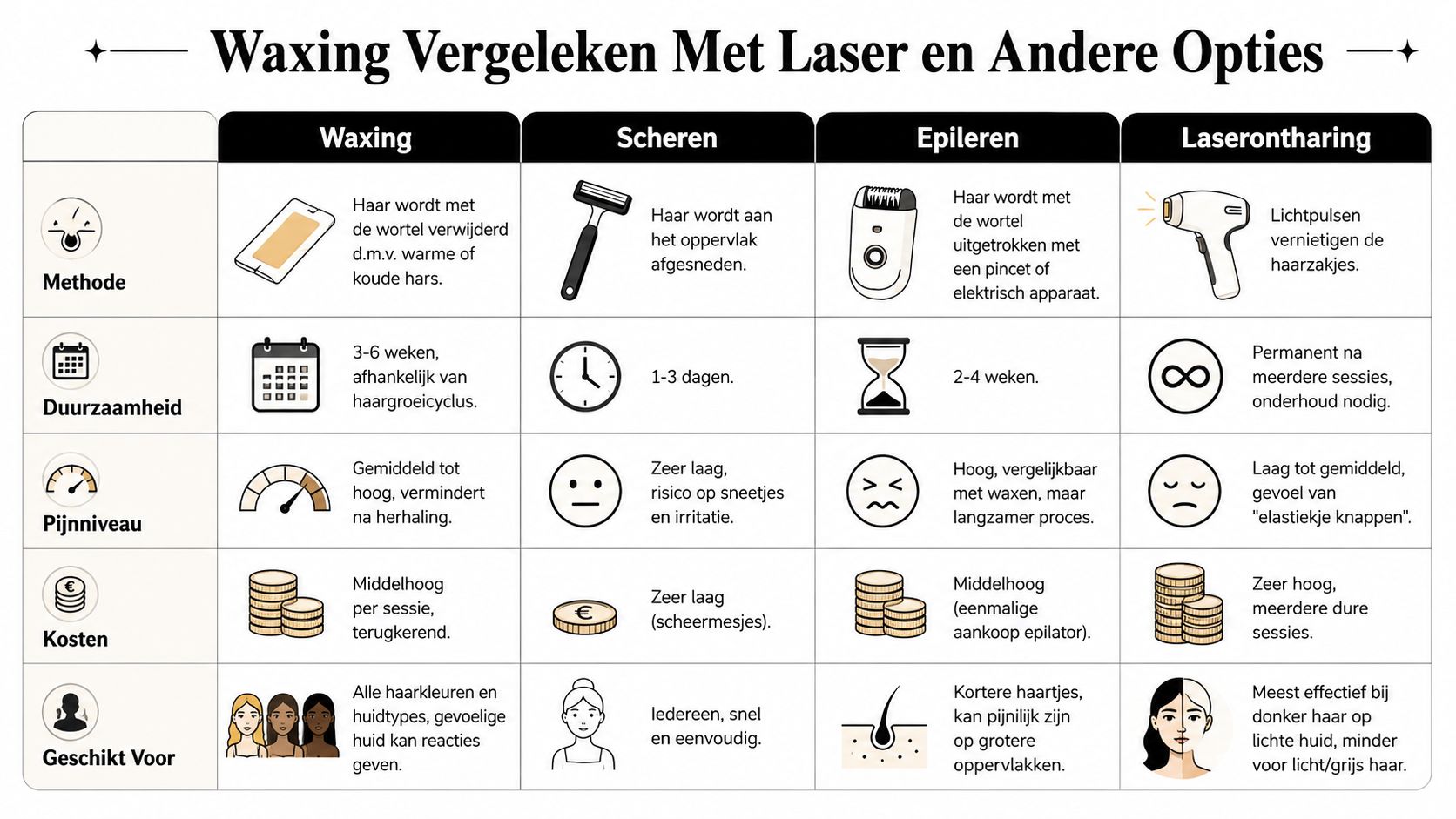 Vergelijkingstabel van ontharingsmethoden zoals waxen, scheren, epileren en laserontharing met hun voor- en nadelen.