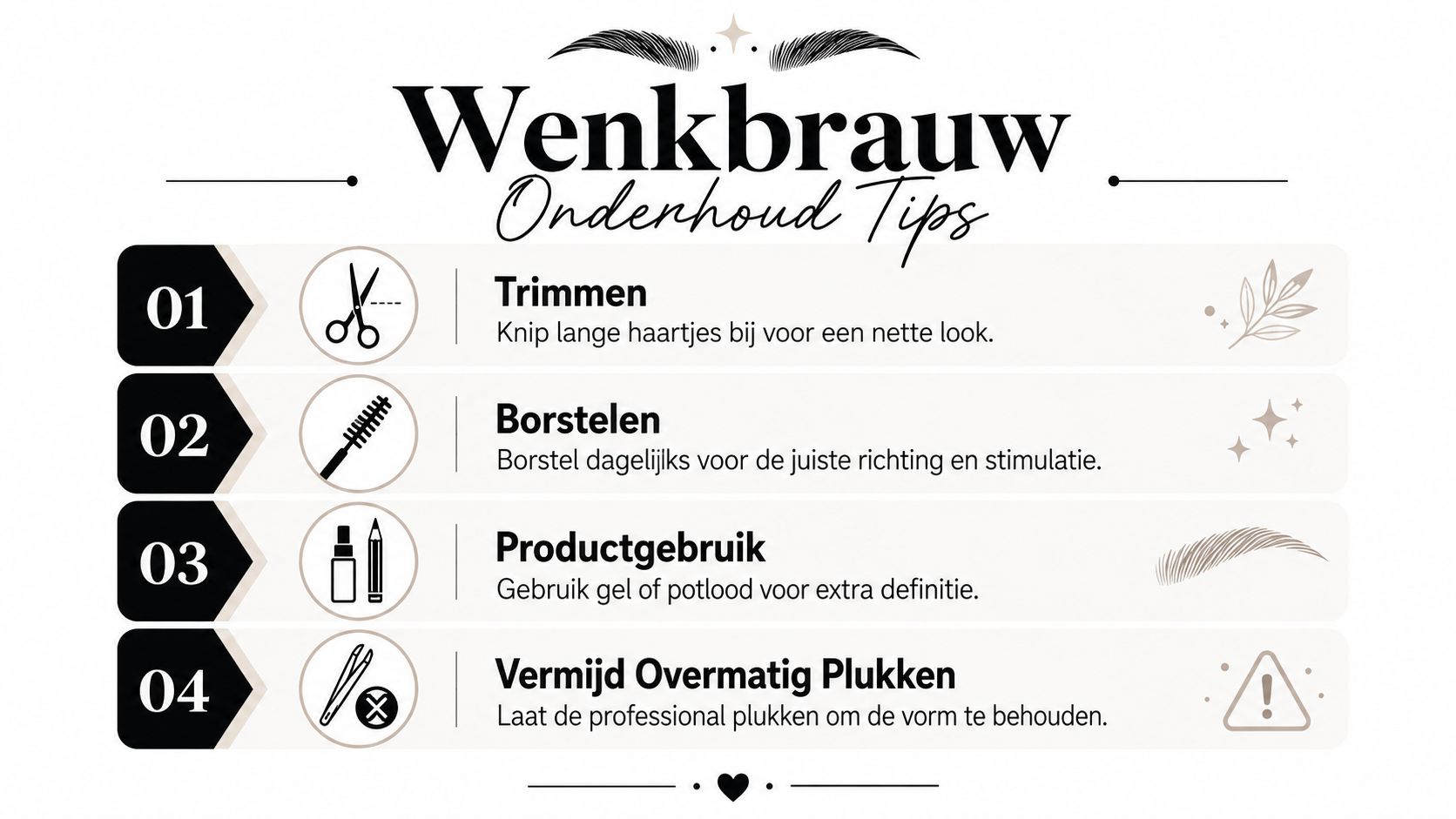 Een informatieve grafische afbeelding met vier handige tips voor het onderhoud en de verzorging van wenkbrauwen.