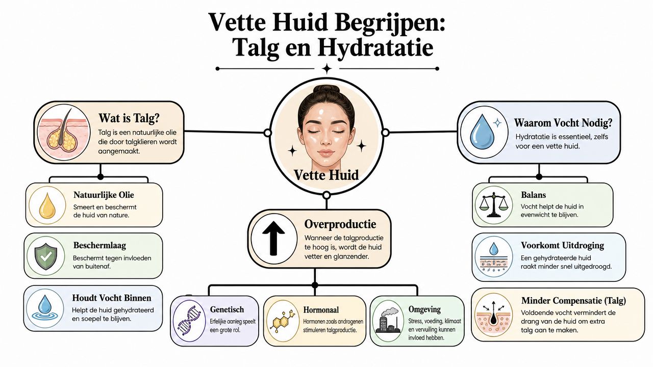 Een informatieve infographic over vette huid, uitgelegd door talgproductie, hydratatiebehoeften, hormonale invloeden en omgevingsfactoren.