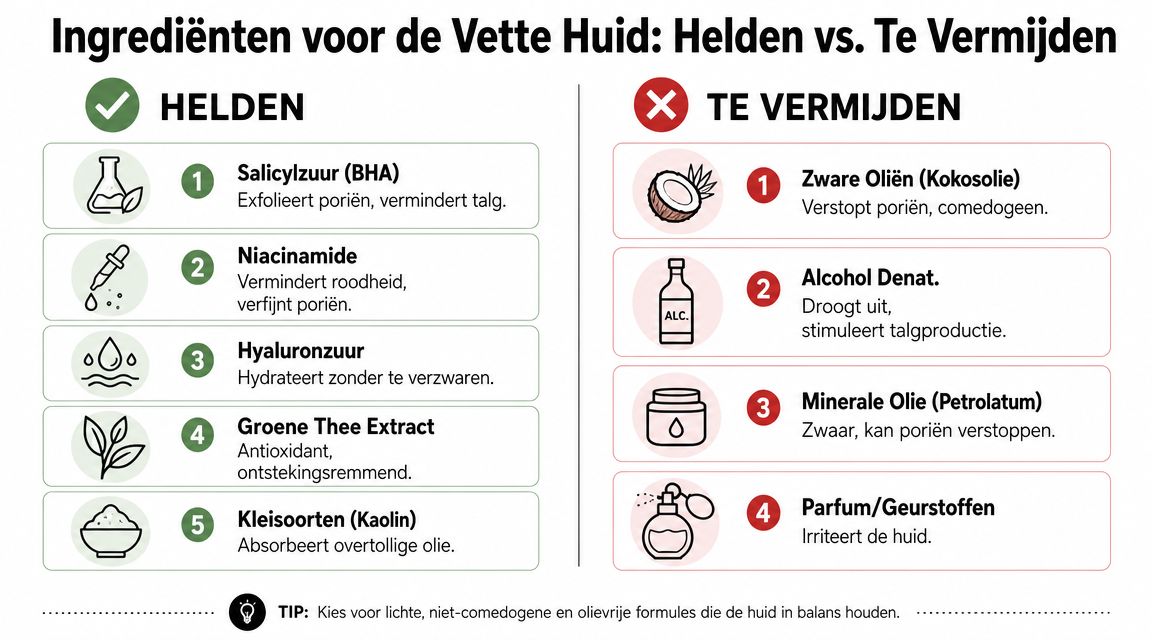 Een overzicht van huidverzorgingsingrediënten voor de vette huid, verdeeld in aanbevolen ingrediënten en ingrediënten om te vermijden.