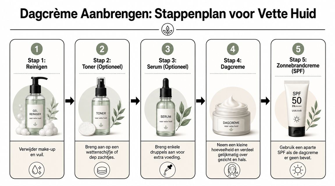Een stappenplan in het Nederlands voor het aanbrengen van dagcrème bij een vette huid met vijf stappen.