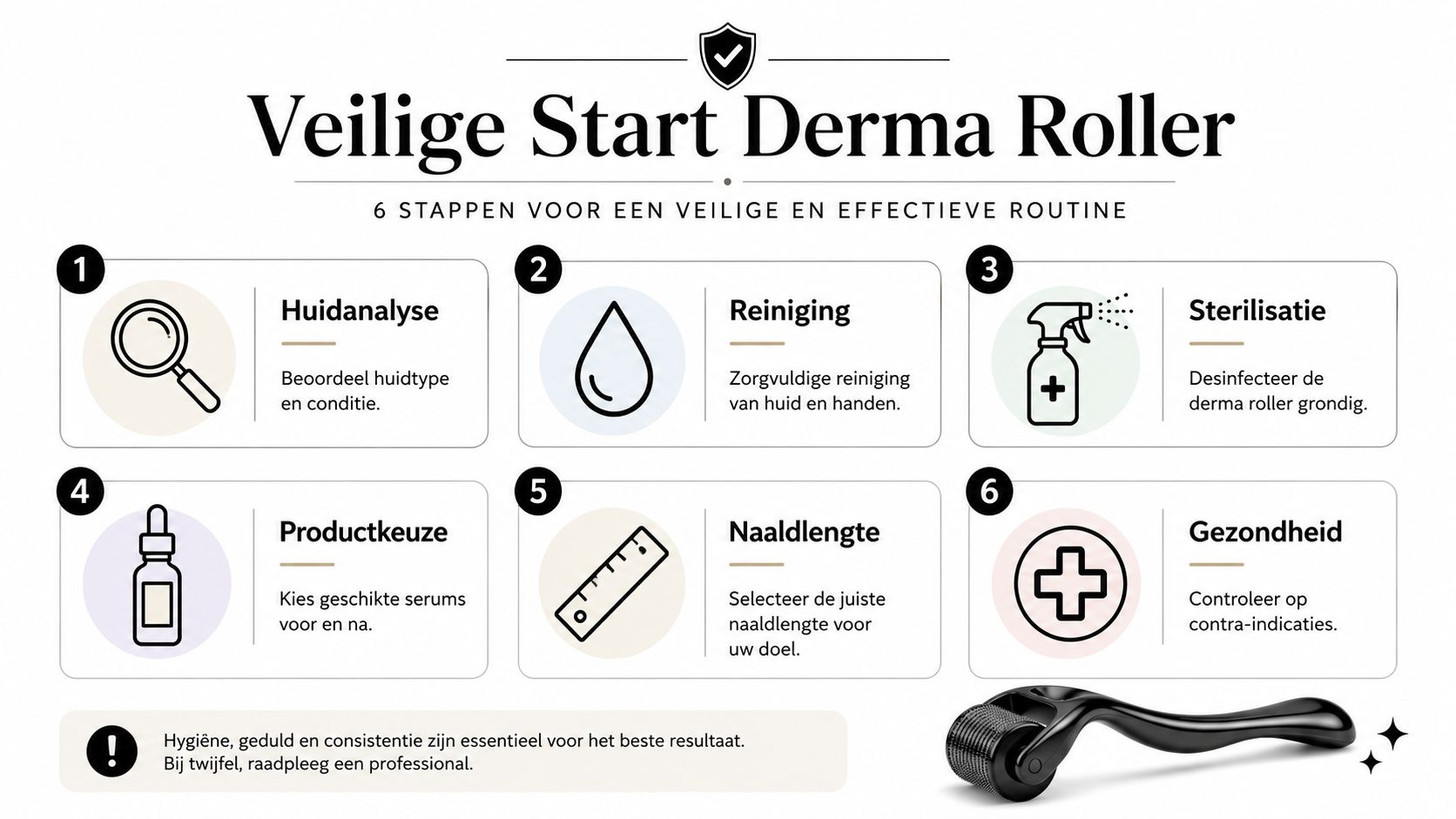 Een overzichtelijke infographic met 6 belangrijke stappen voor een veilige en effectieve start met een derma roller.