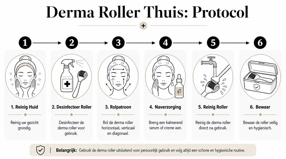 Een stappenplan voor het veilig en hygiënisch thuis gebruiken van een derma roller op het gezicht.
