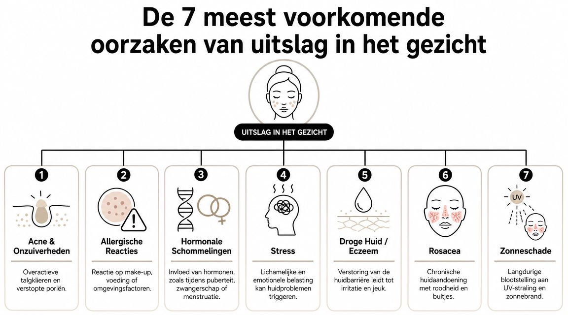 Een overzicht van de zeven meest voorkomende oorzaken van uitslag in het gezicht, zoals acne, stress en rosacea.