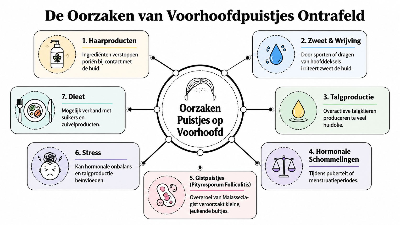 Een overzichtelijk schema met zeven oorzaken van voorhoofdpuistjes, waaronder haarproducten, zweet, talgproductie, hormonen, stress en dieet.