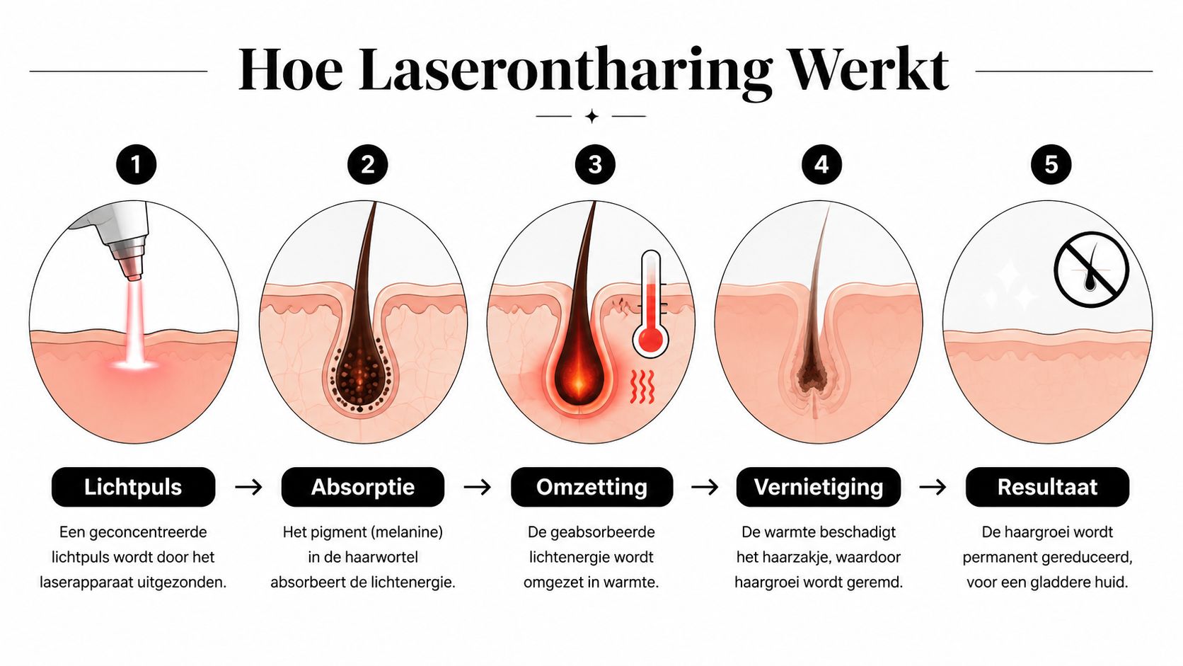 Een infographic die in vijf stappen uitlegt hoe laserontharing werkt op basis van het absorberen van lichtenergie.