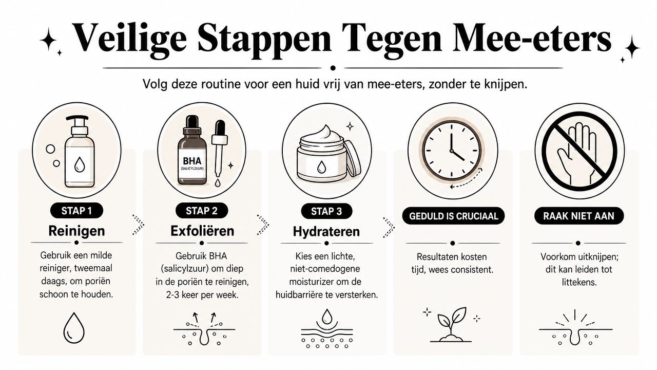 Een infographic met vijf veilige stappen voor het effectief bestrijden van mee-eters zonder de huid te beschadigen.