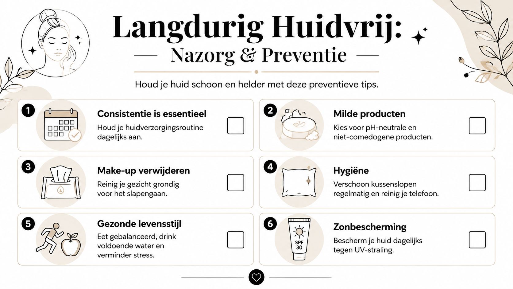 Een informatieve infographic met zes essentiële tips voor dagelijkse huidverzorging en preventie voor een gezonde huid.