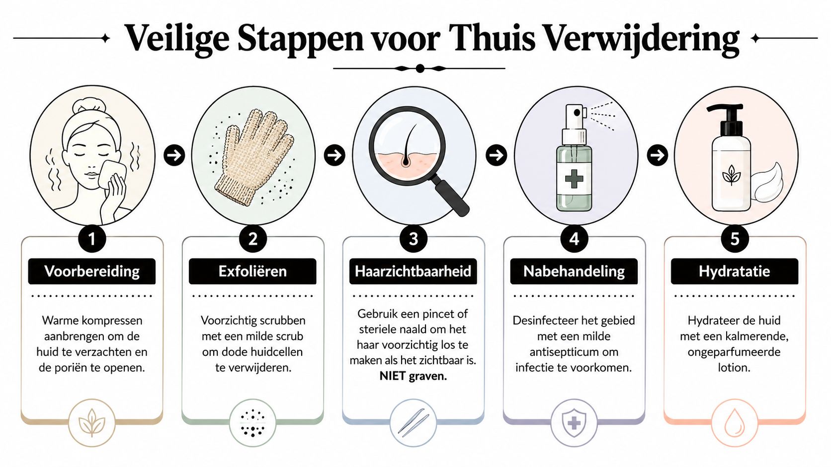 Een infographic met vijf veilige stappen voor het thuis verwijderen van ingegroeide haren op de huid.