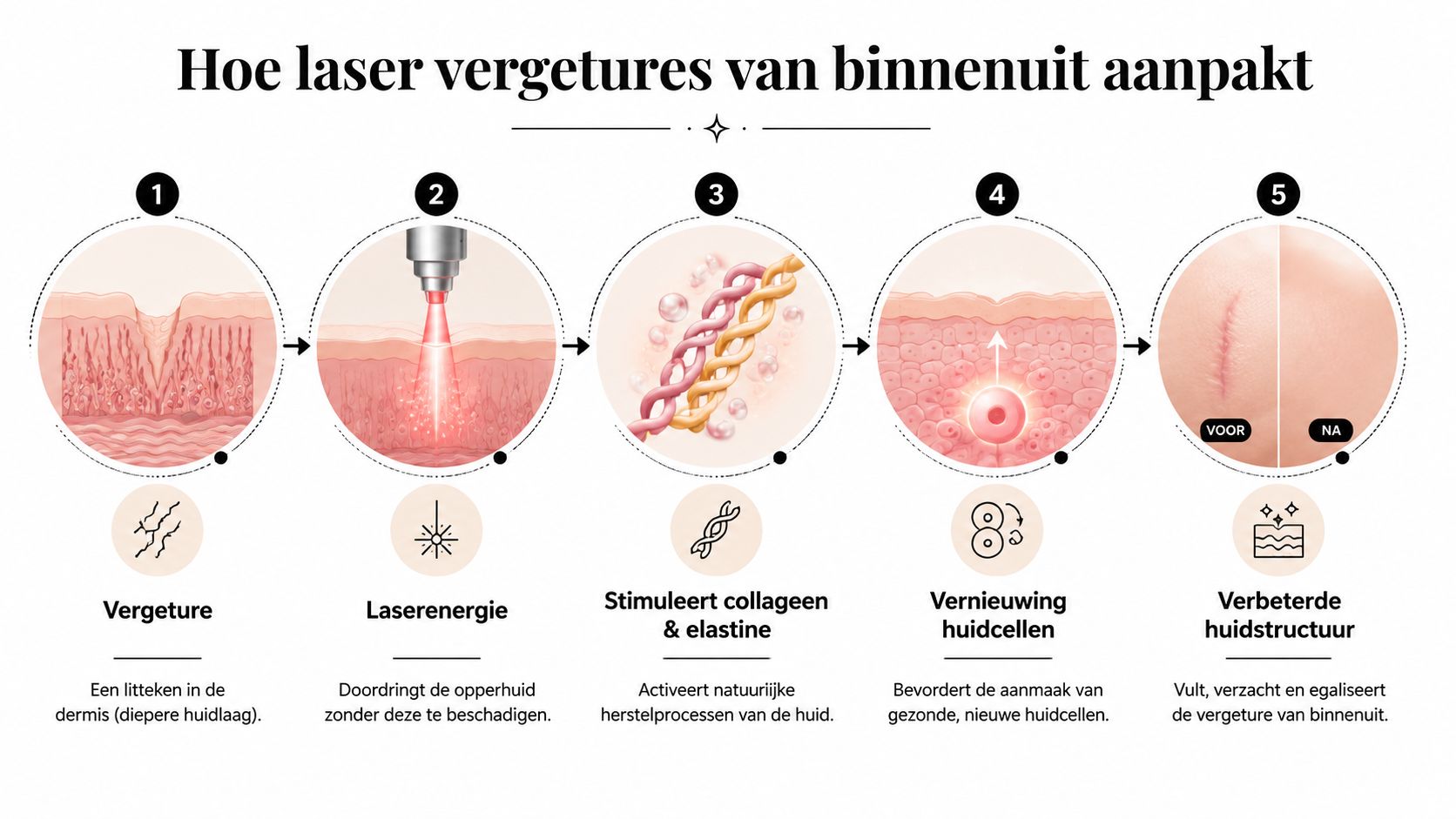 Een infographic die toont hoe een laserbehandeling vergeturen van binnenuit aanpakt door huidherstel en collageenproductie te stimuleren.