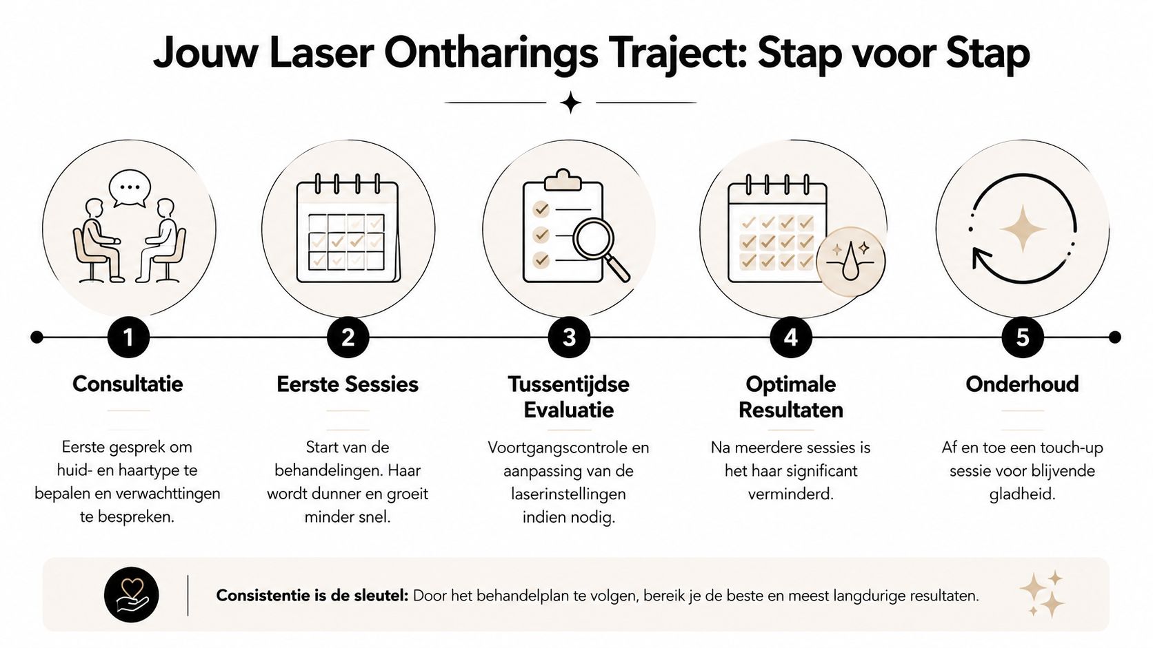 Stappenplan voor een laserontharing traject met vijf fasen, van de eerste consultatie tot het uiteindelijke onderhoud.