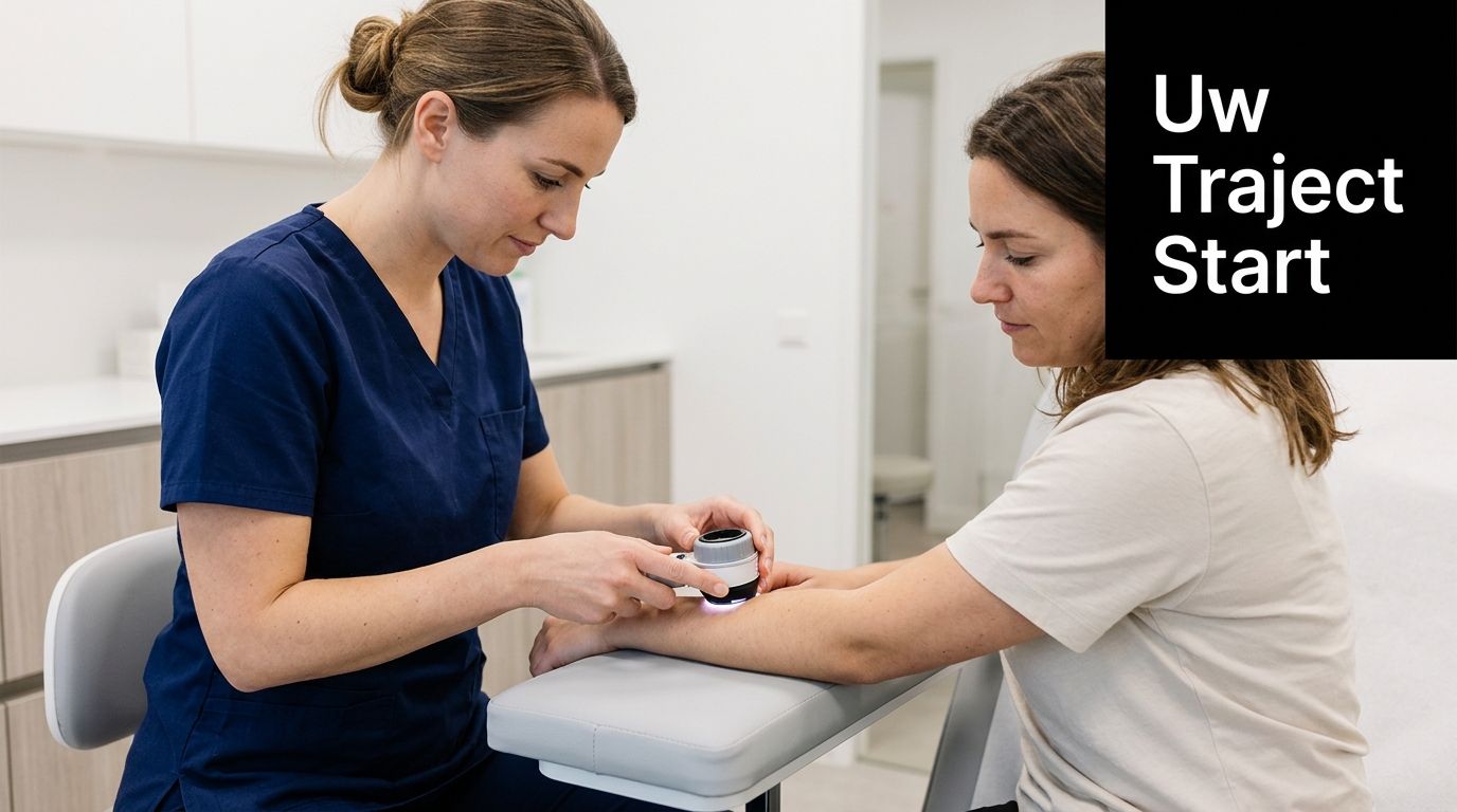Een dermatoloog onderzoekt de huid van een patiënt met een dermatoscoop tijdens een klinisch consult.
