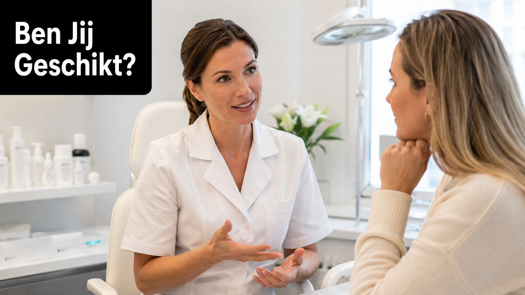 Een schoonheidsspecialiste geeft advies aan een cliënt over lippen pigmenteren in een professionele kliniek.