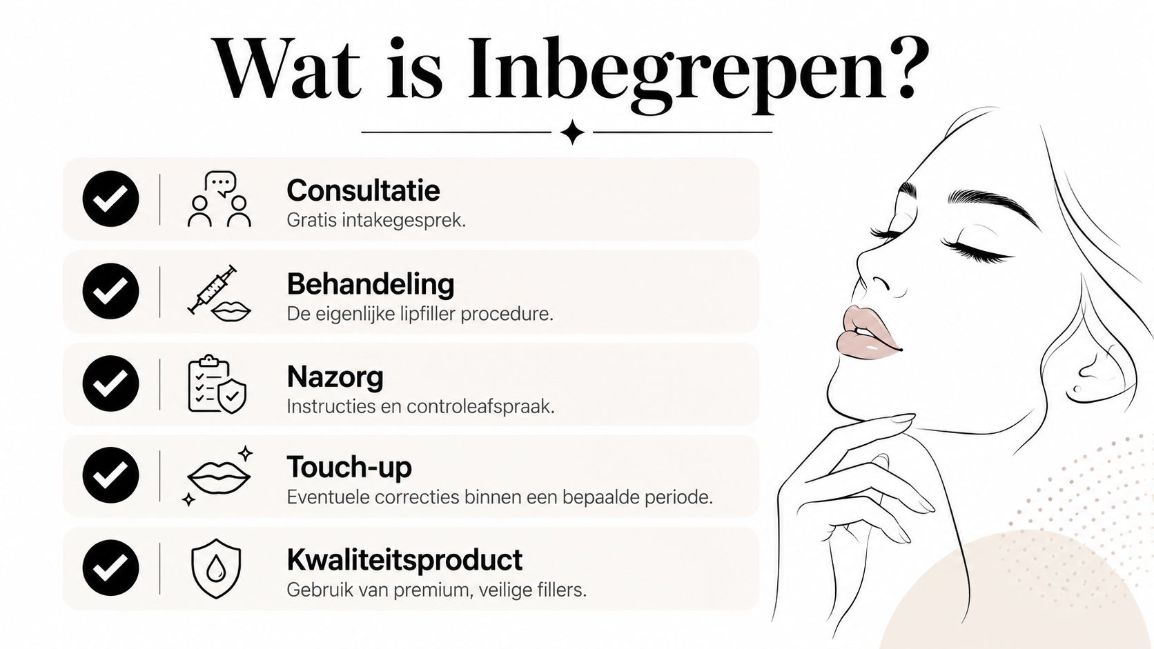 Een overzicht van wat is inbegrepen bij een lipfiller behandeling, inclusief consultatie, nazorg en kwalitatieve producten.