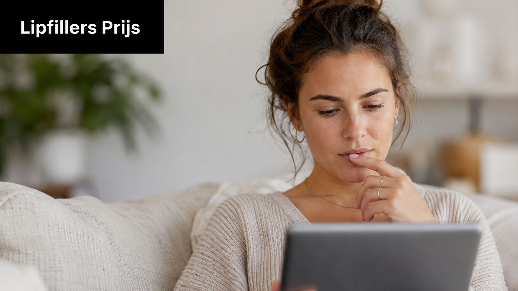 Een vrouw met haar haar opgestoken kijkt aandachtig naar een tablet terwijl ze over lipfillers leest.