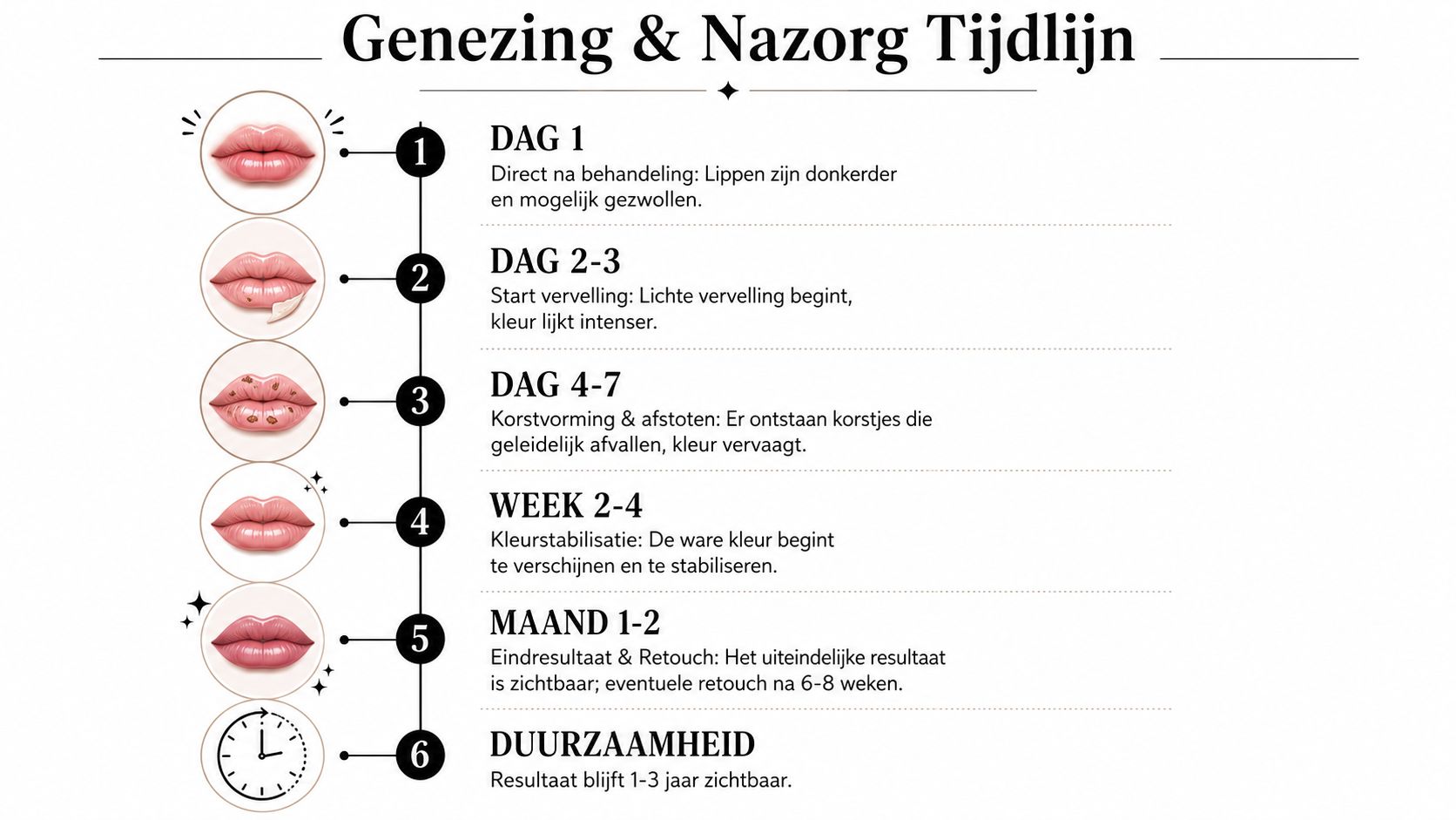 Een tijdlijn die het genezingsproces en de nazorg van lippigmentatie stap voor stap in beeld brengt.