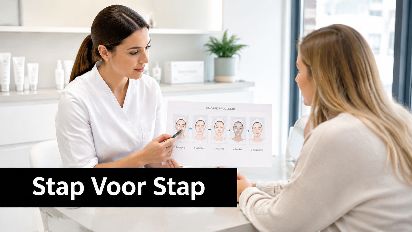 Een schoonheidsspecialiste legt een stappenplan voor een huidverzorgingsbehandeling uit aan een cliënte in een kliniek.
