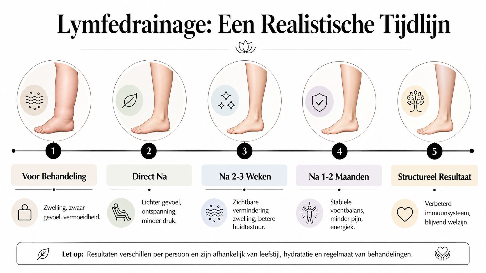 Een informatieve tijdlijn die de verschillende fasen en verbeteringen van lymfedrainage op de benen visueel weergeeft.