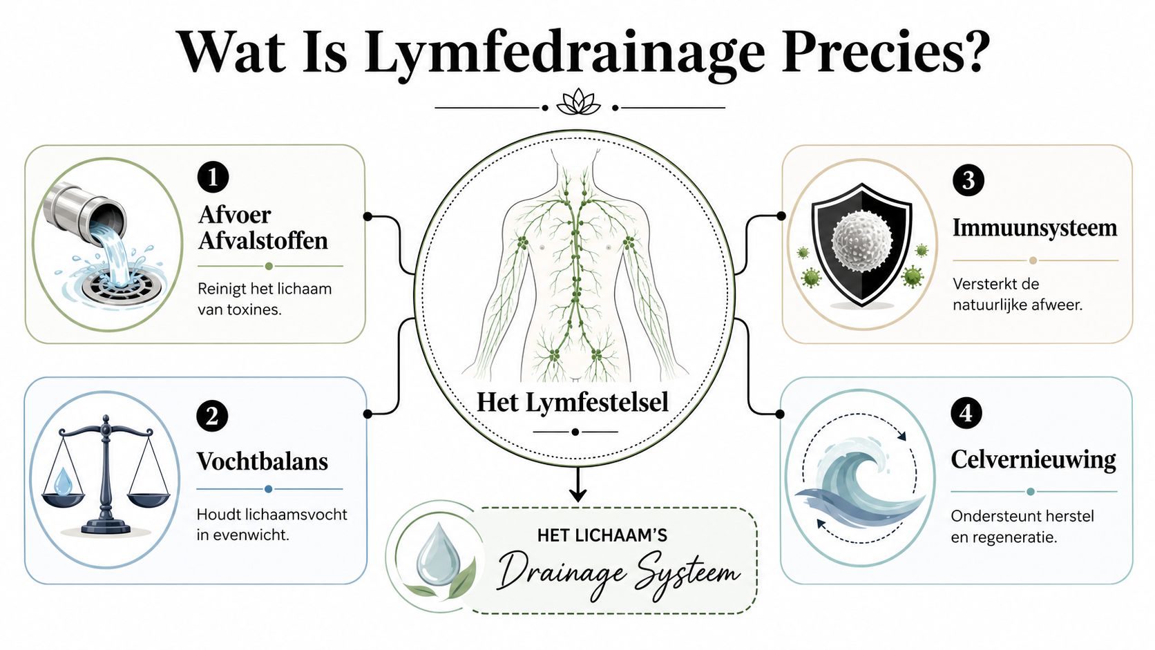 Een informatieve infographic die uitlegt wat lymfedrainage precies is en de voordelen voor het menselijk lichaam.