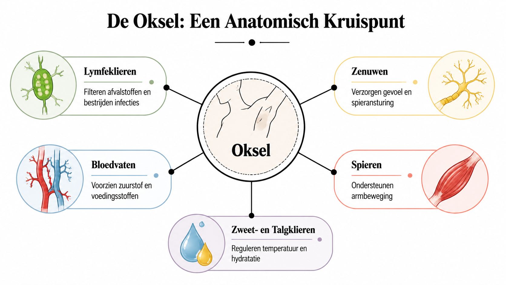 Een informatieve afbeelding die de anatomische structuren van de menselijke oksel en hun functies in het lichaam toont.