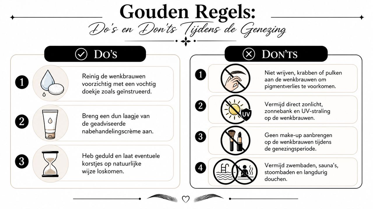 Een overzicht van do's en don'ts voor de nazorg van permanente make-up wenkbrauwen na de behandeling.
