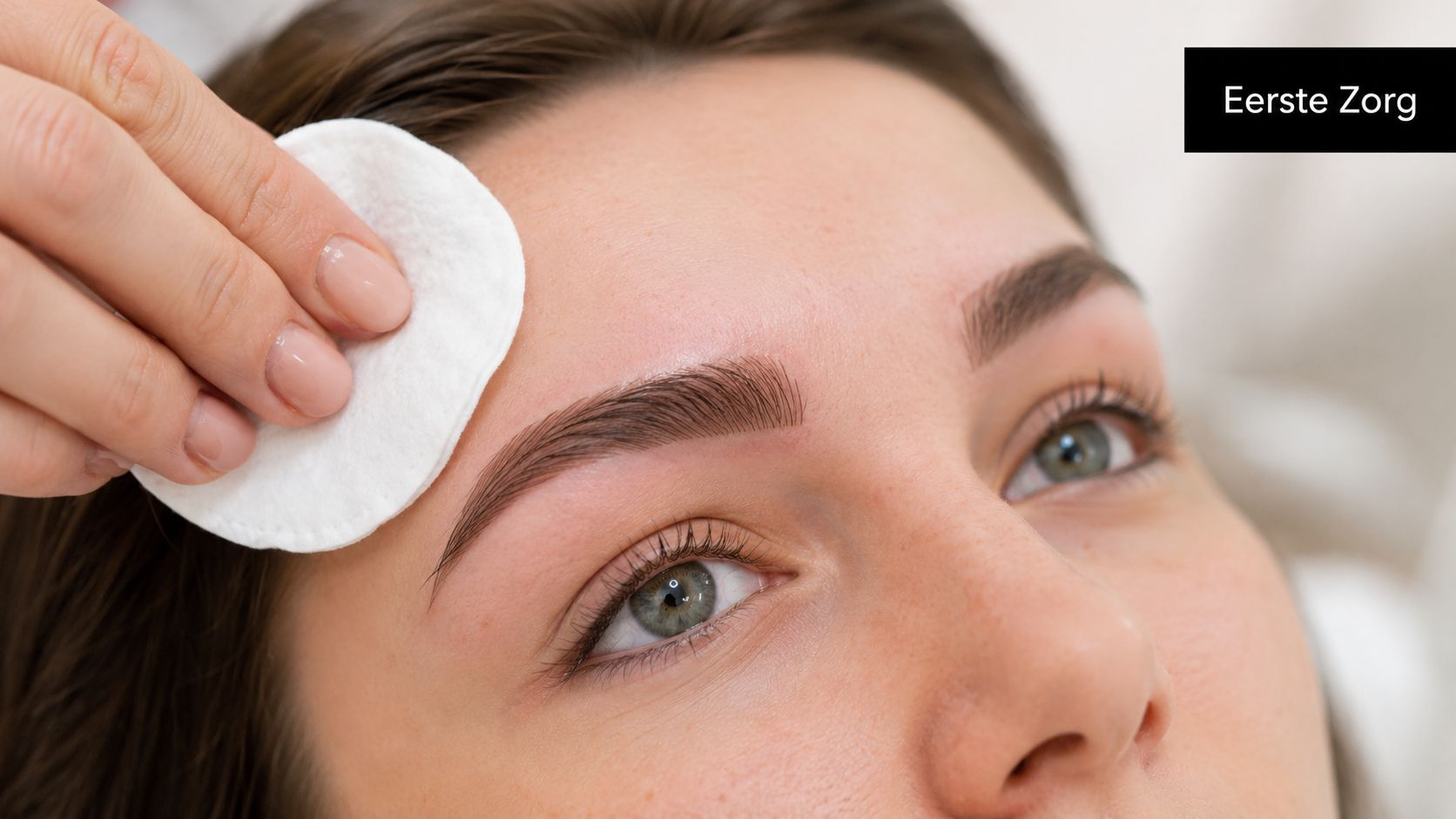Een schoonheidsspecialiste reinigt de wenkbrauwen van een vrouw met een wattenschijfje na een permanente make-up behandeling.