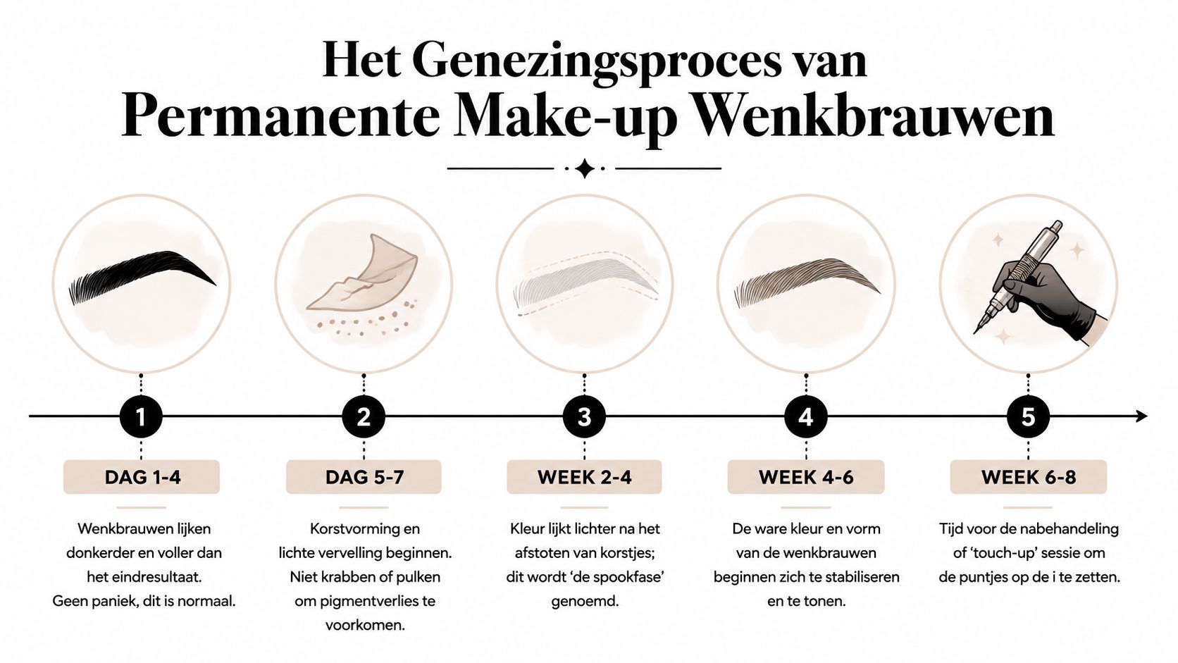 Een overzicht van het genezingsproces van permanente make-up voor wenkbrauwen, verdeeld in vijf fasen van dag tot weken.