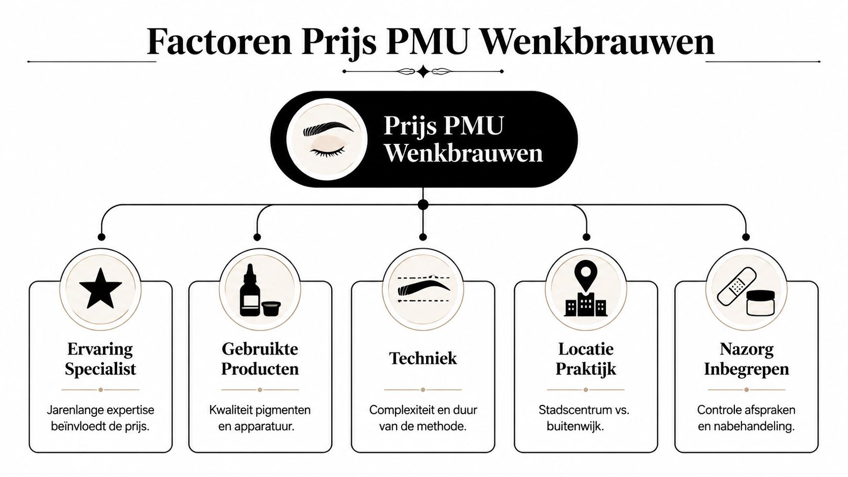 Een infographic over de verschillende factoren die de prijs van permanente make-up voor wenkbrauwen beïnvloeden.