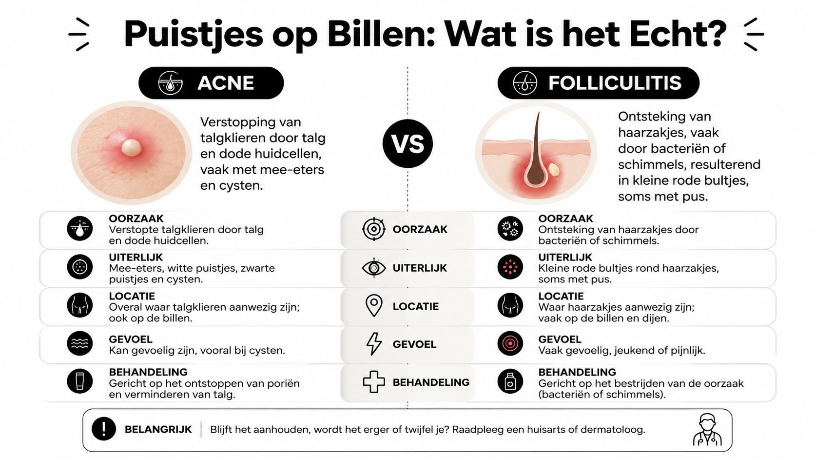 Een infographic die het verschil uitlegt tussen acne en folliculitis als oorzaak van puistjes op de billen.