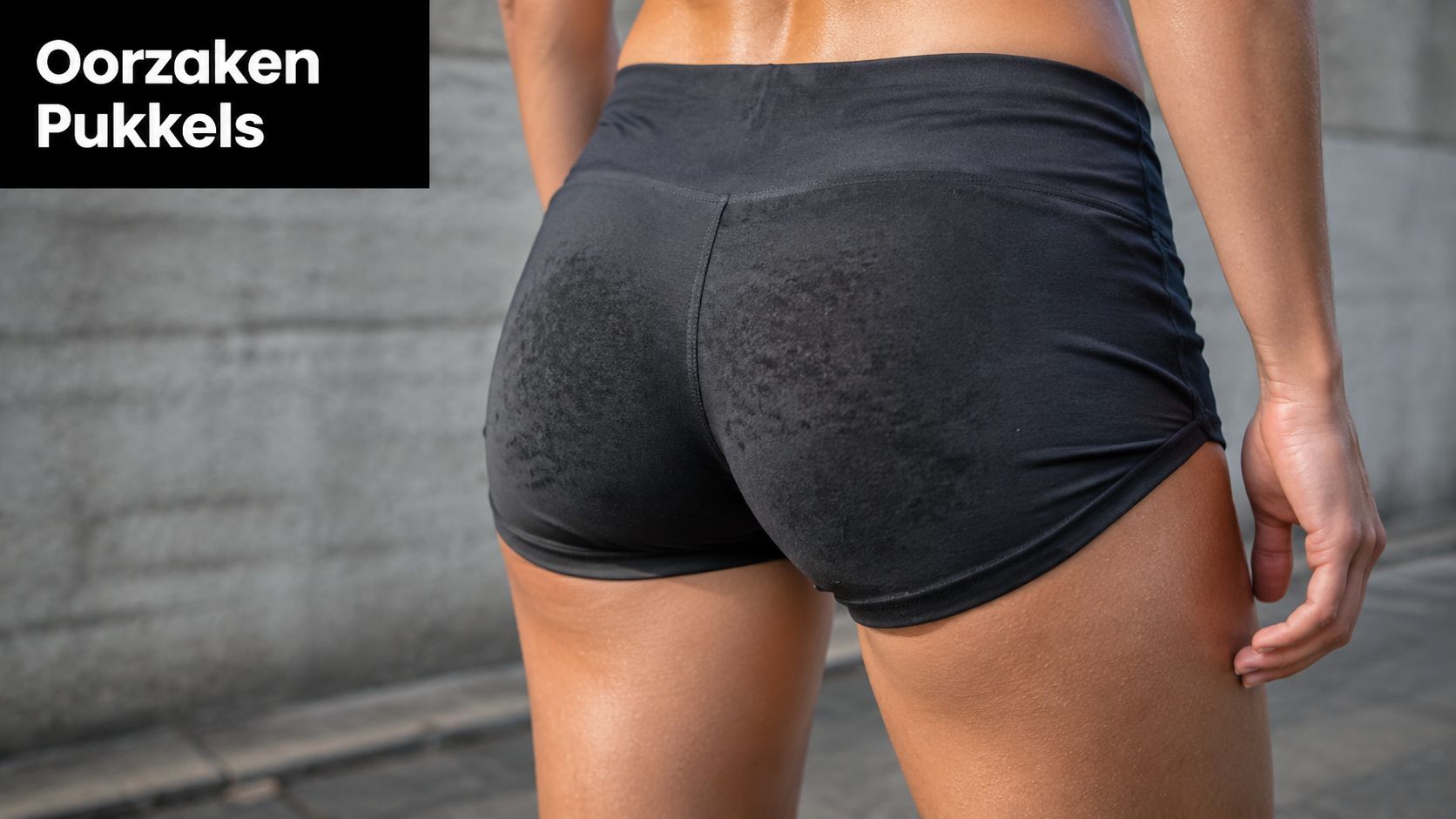 Een vrouw draagt een sportbroekje en staat voor een betonnen muur, met de tekst Oorzaken Pukkels in beeld.