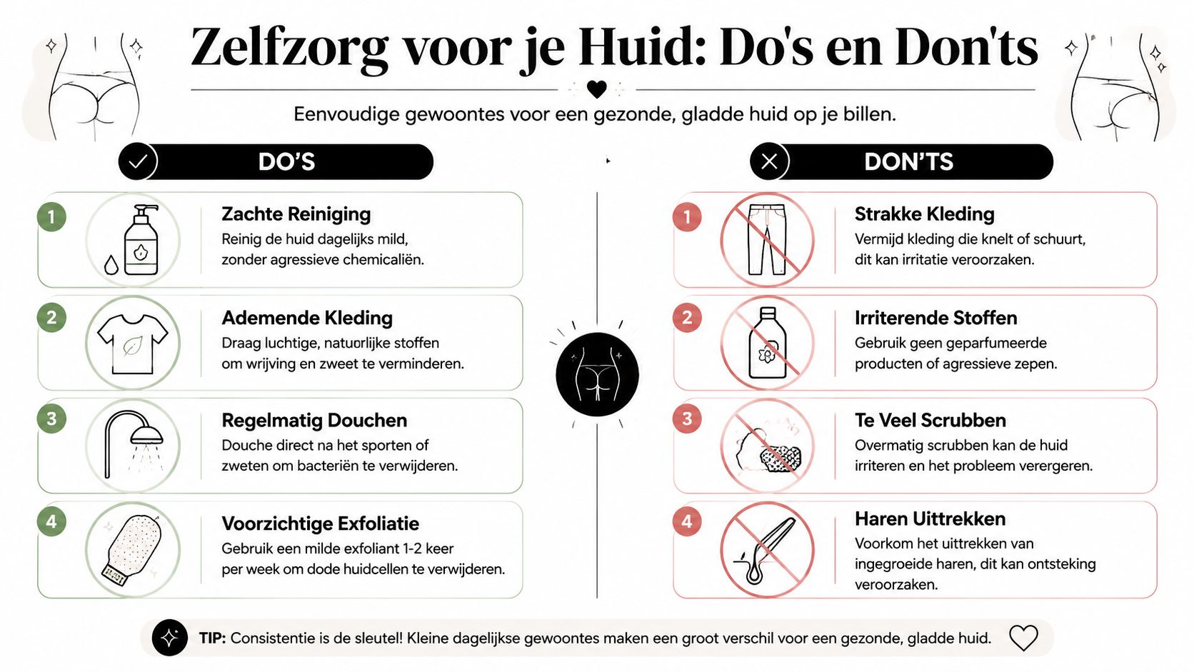 Een informatieve infographic over huidverzorging voor billen met handige do's en don'ts voor een gezonde huid.