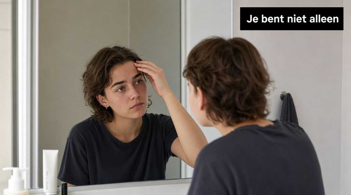 Een jong persoon kijkt in de badkamerspiegel naar de huid op het voorhoofd in een reflectie.