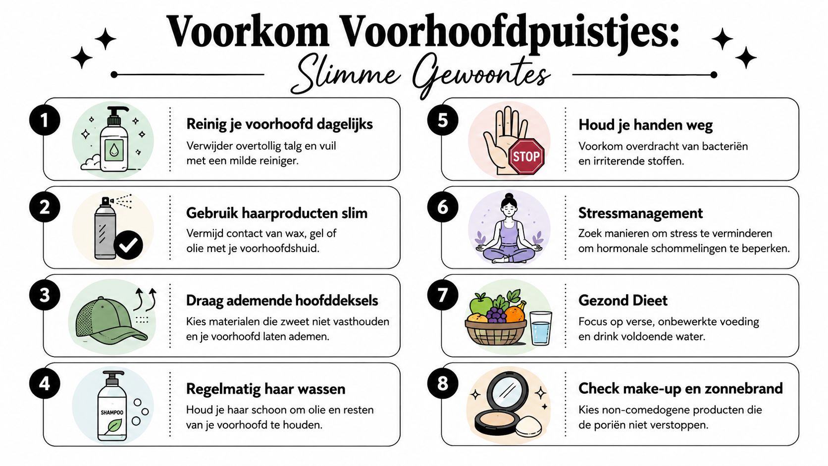 Een informatieve infographic met acht praktische tips voor het voorkomen van puistjes op het voorhoofd.