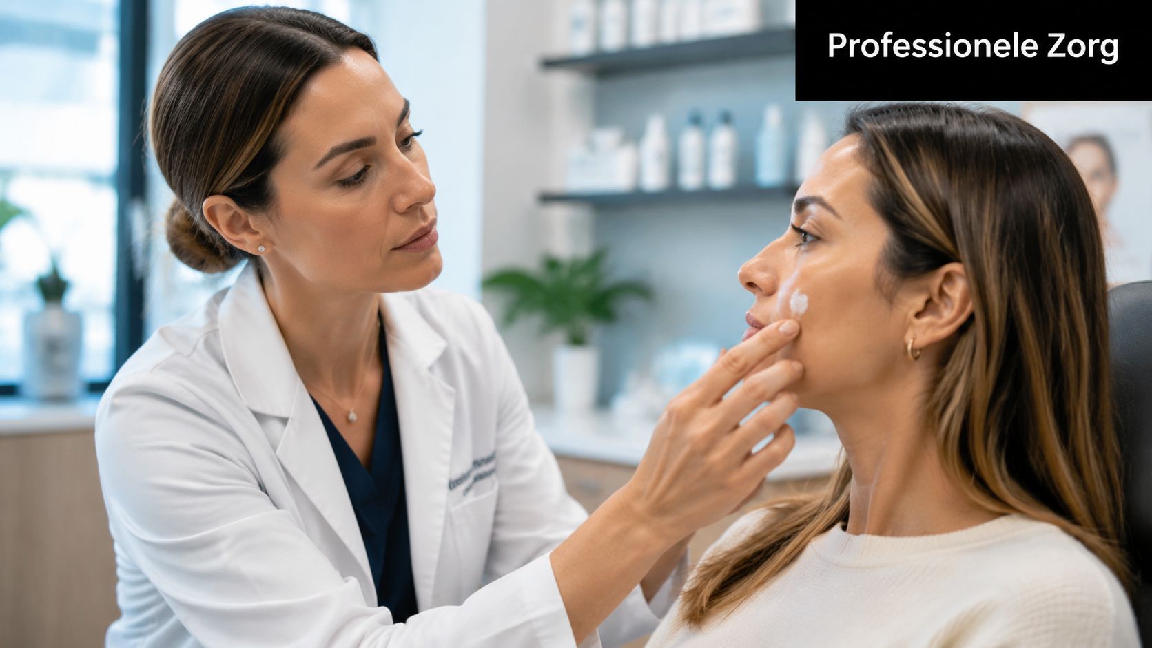 Een dermatoloog onderzoekt met professionele zorg de huid van een patiënt in een klinische omgeving.