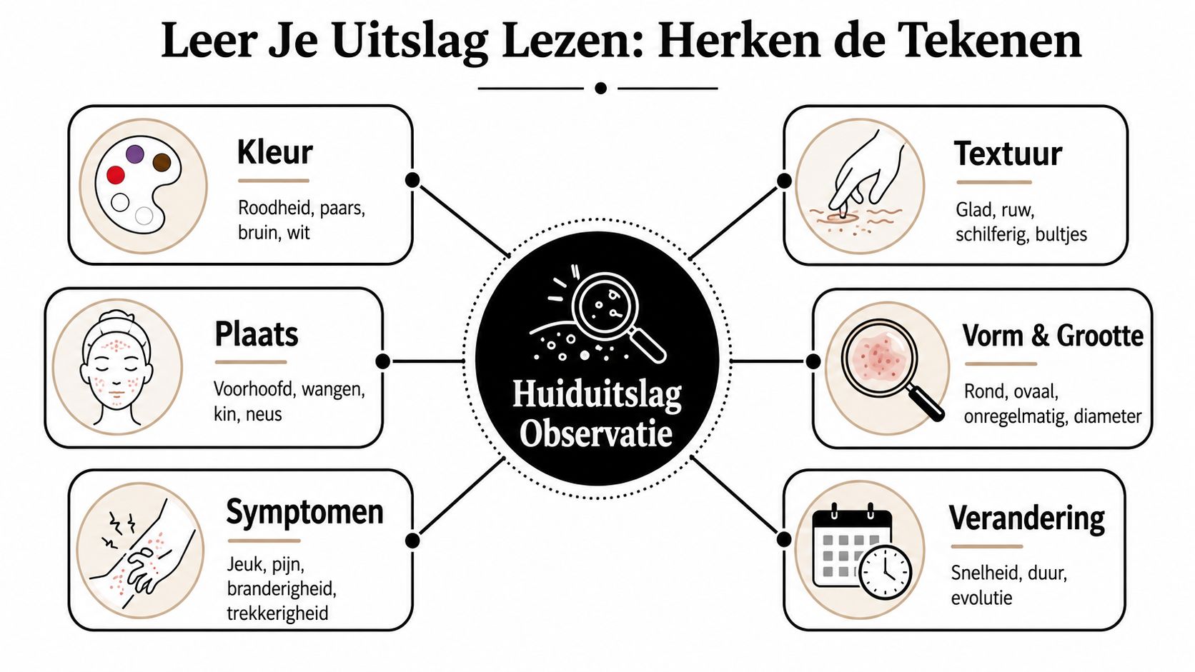 Een infographic die toont hoe je huiduitslag kunt observeren door te kijken naar kleur, textuur, plaats, symptomen en verandering.