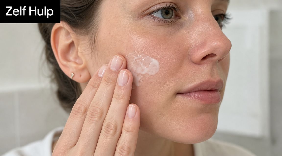 Een vrouw brengt verzorgende crème aan op haar wang om een huiduitslag in het gezicht te verzachten.
