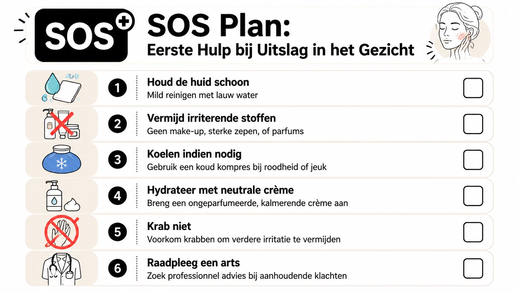Een stappenplan genaamd SOS Plan met advies voor eerste hulp bij uitslag in het gezicht.