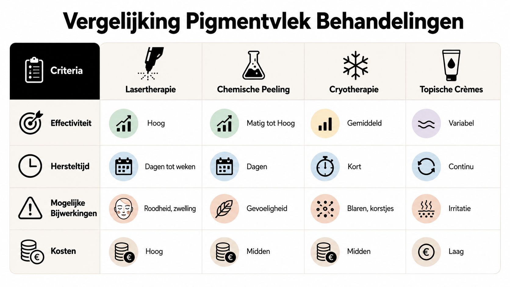 Vergelijkingstabel van diverse behandelmethoden voor pigmentvlekken, inclusief lasertherapie, chemische peeling, cryotherapie en topische crèmes.