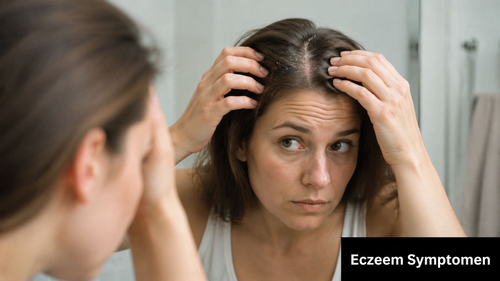 Een vrouw voor de spiegel die haar hoofdhuid onderzoekt op symptomen van seborroïsch eczeem of roos.