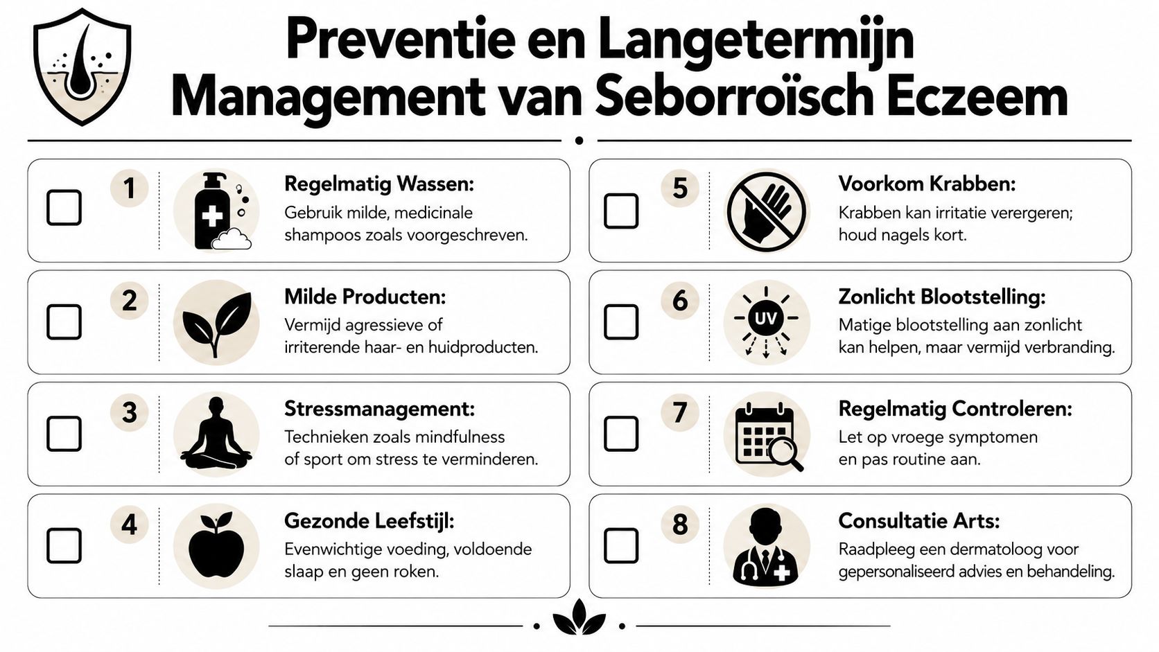 Een infographic met acht stappen voor de preventie en het langetermijnbeheer van seborroïsch eczeem op de hoofdhuid.