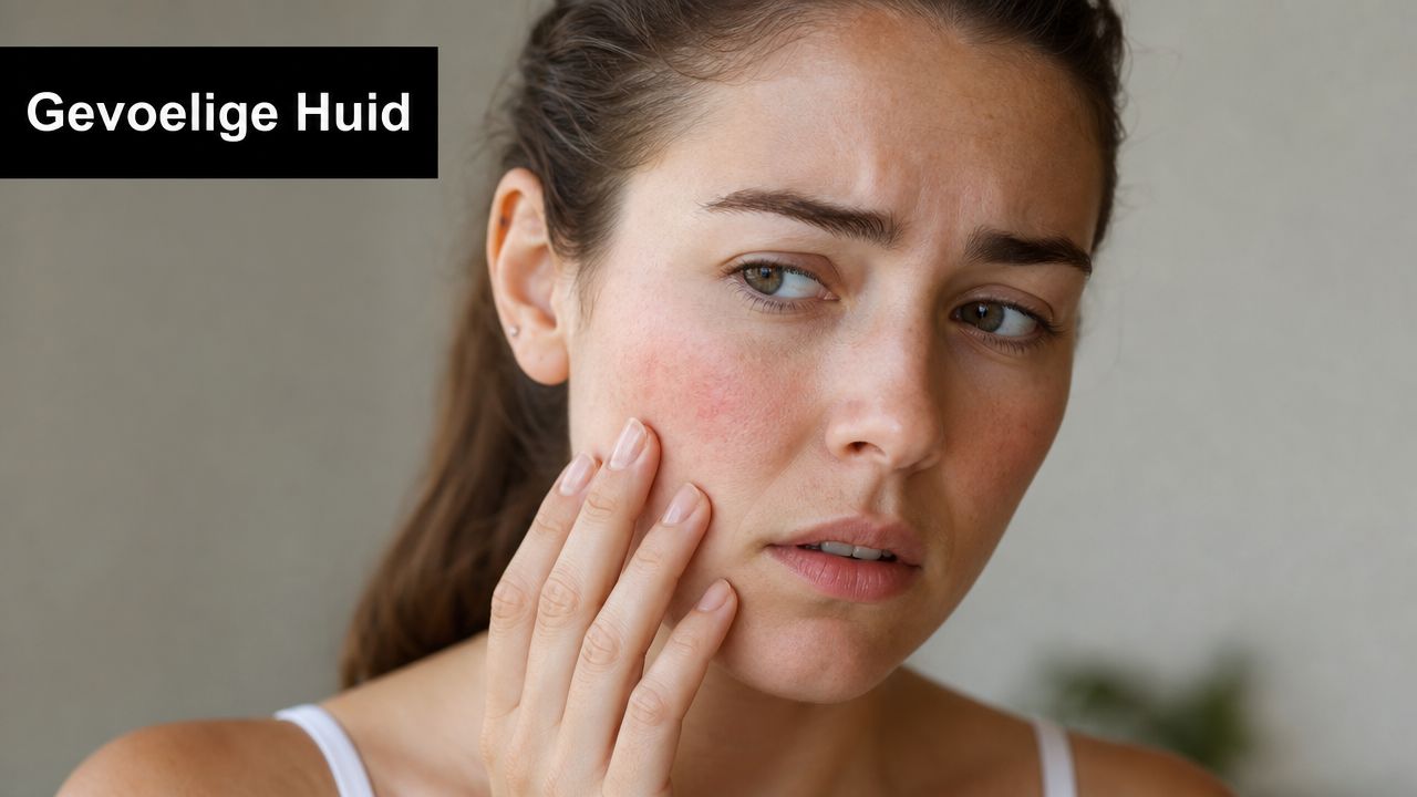 Een vrouw met roodheid op haar wangen die met haar hand voorzichtig haar gevoelige huid aanraakt.