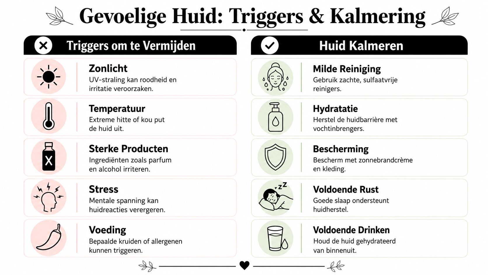 Een overzicht van triggers om te vermijden en advies voor het kalmeren van een gevoelige huid.