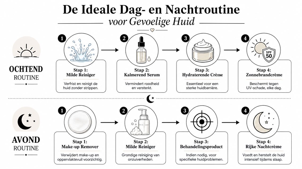 Een overzichtelijk stappenplan voor een dag- en nachtroutine speciaal ontwikkeld voor mensen met een gevoelige huid.